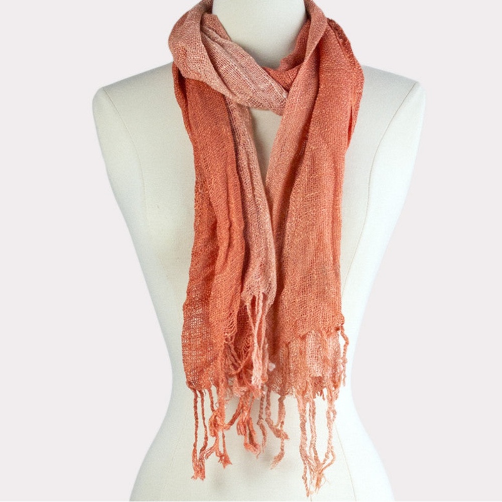 Ombré Two-Tone Handwoven Fringe Trimmed Scarf, Orange Peach, NWT
